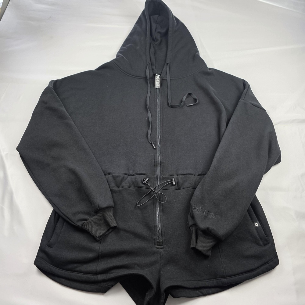 Popflex Romper Womens L/XL Black Fleece Hoodie Zip One Piece Lounge Casual